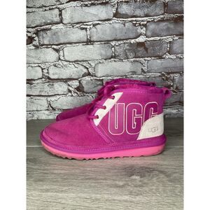 UGG PINK 🎀 Neumel Graphic Outline Authentic Fur Boots Kids 6M US/38EU 1130787K
